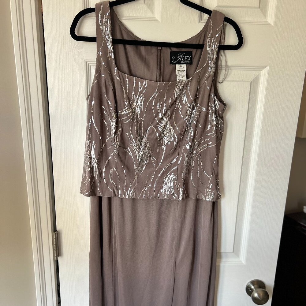 Evening gown with jacket, gray with silver sequencing